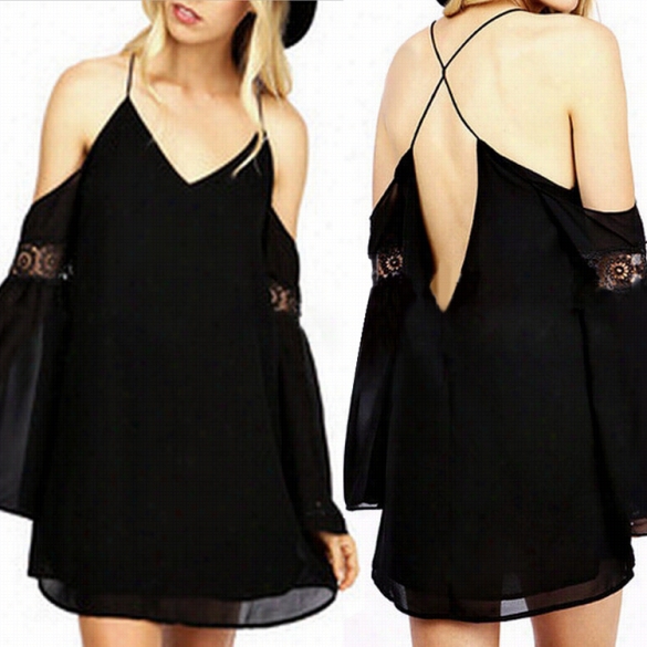 New Fashion Boy Women's Flare Sleve V-neck Off-shoulder Backless Straps Dress