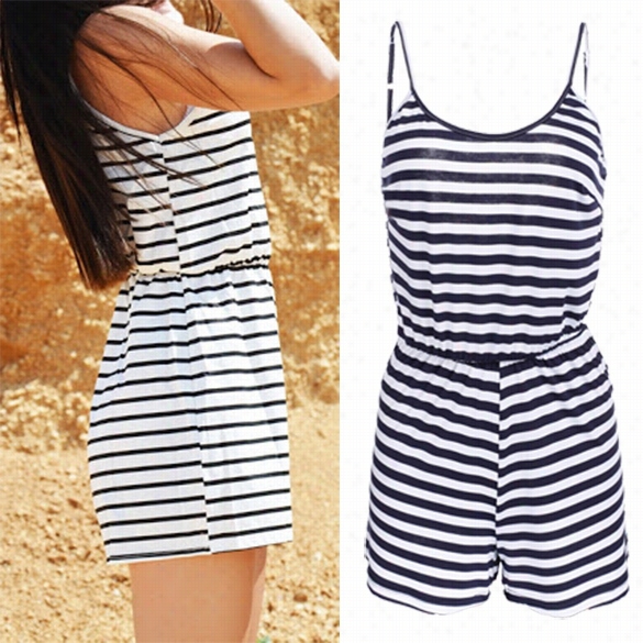 New Fashion Women Casual Striped Spaghetti Strap Backless Ini Jumpsuit