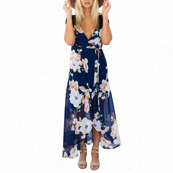 New Fashion Women Lladie Ssexy Compendious Sleeve Crossover Neck Lace Up Assymmetric Hem Split Floral Maaxxi Beach Chiffon Long Dress