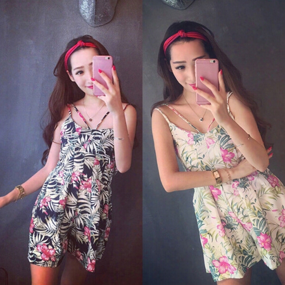 Unaccustomed Fashion Women Sleeveless Spaghetti  Strap Lloos E Print Chiffon Mini Jumpsuit