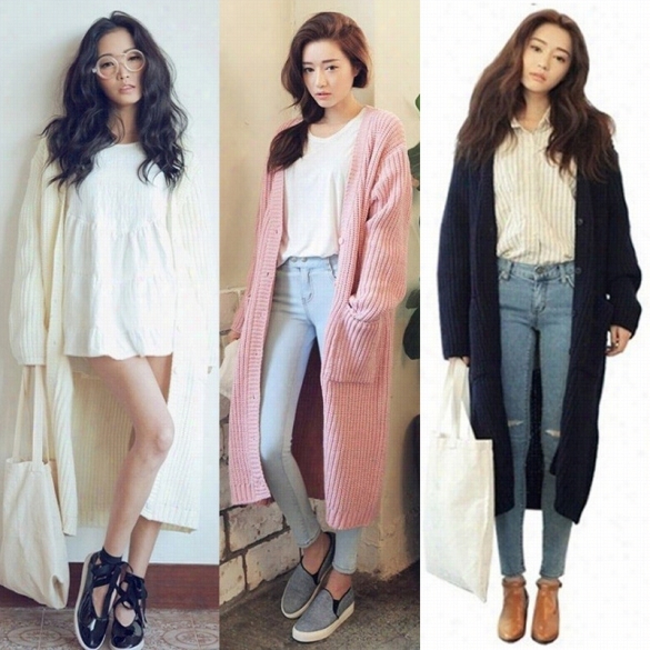 New Fasuion Women Solid Long Sleeve Cardigan Long Coat Nkitwear Sweater