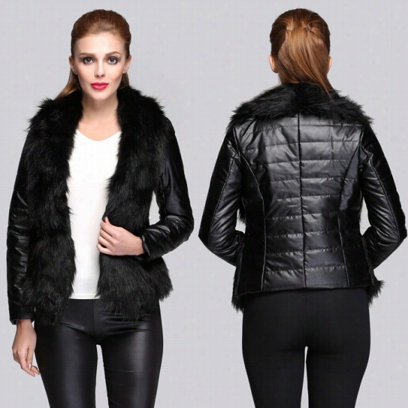 New Fashion Women's Black Synthetic Leather Faux Fur Collar Jacket Coat