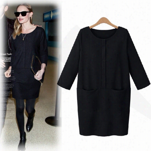 New Fashion Women's Ladiesl Ong Sleeve O-neck Skim Fitting Warm Thickening Black Dress