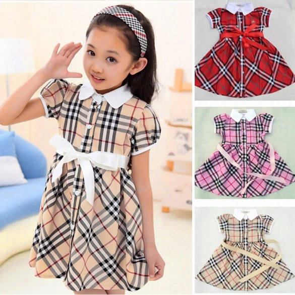 Neww Girls Kids One Piece Dress Short Sleeve Grid Pattern Dr Ess Stand Colla Cosstume 5 Sizes