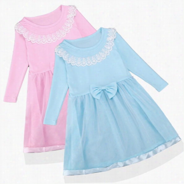 Unaccustomed Kids Gilr's Wear Long Sleeve Mesh Patchwork O-neck Lace Cute Bow Dress