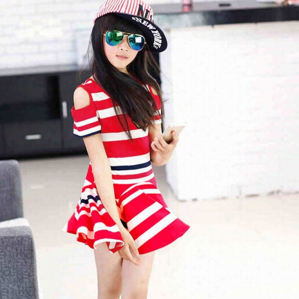 New Kids Girl's Wear Off-shoulder Short Sleeve  Striped Brooch Decor Accidental Party Pleated Dress