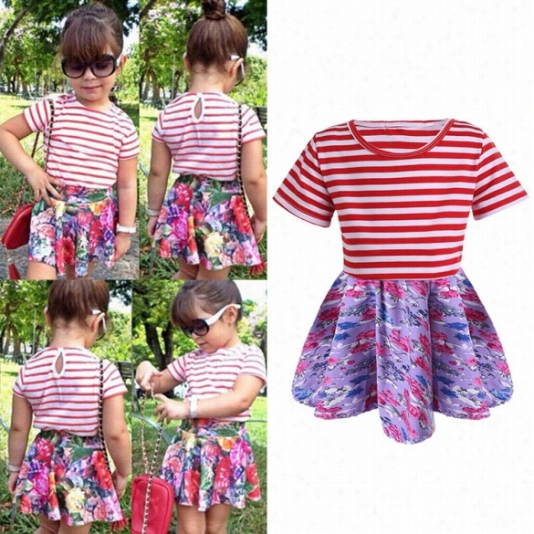 New Kids  Girl's Wear Stripe T-shitr And Floral Print Border Two-piece Fix