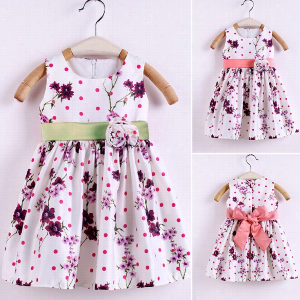 New Kids Girl's Wear Sweet Sleeveless Sundress Floral Brooch Hig Hwaist Casual Pleated Dress