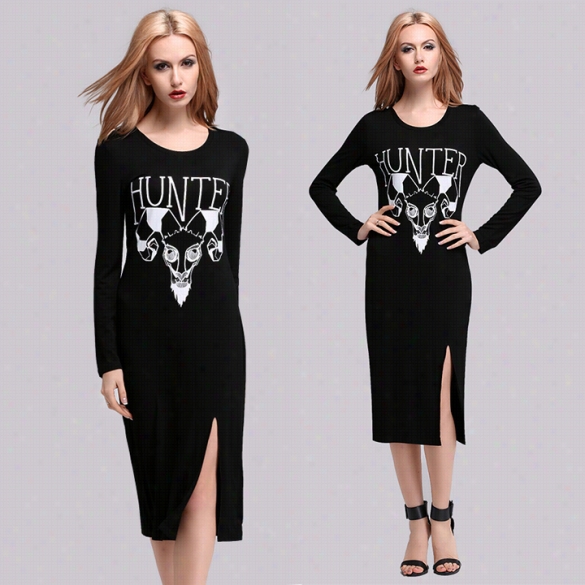 New Lady Wome N's Fashion Long Sleeve O-neck Loose Slit Casual Dress