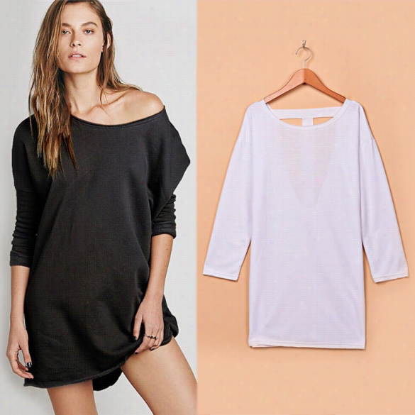 New Lady Women's O-necklon Slee Ve Backless Solid Casual Loose Shift Dress