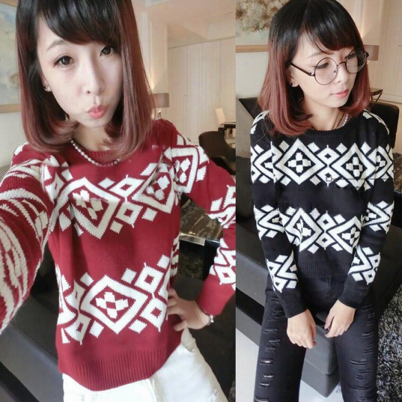 New Round Neck Geometricp Atern Long Sleeve Short Paragraph Sweater Coat