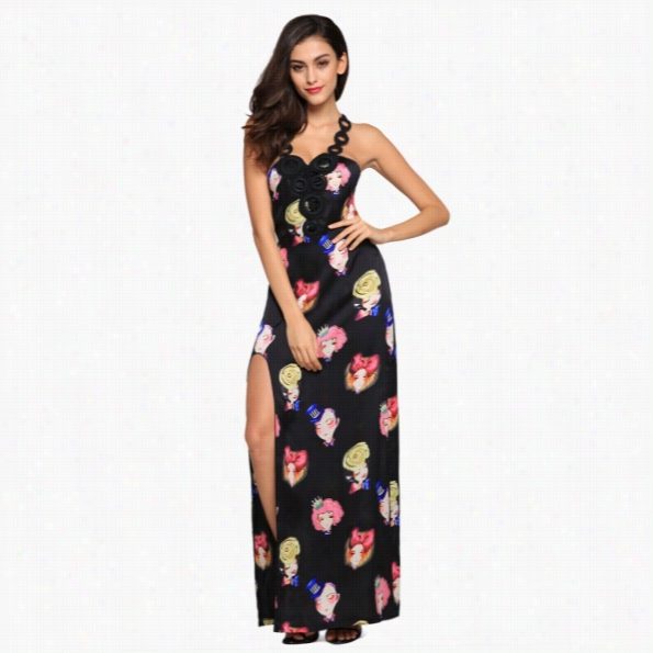 New Fashionable Ladies Angvns Casual Spaghetti Strap High Wiasted  Side Open Print Long Dress