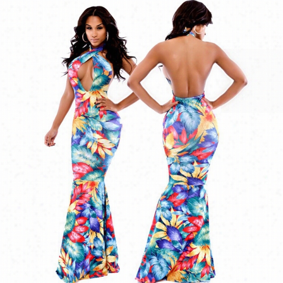 New Stylish Ladies Women Casual Sleeveless Backless Floral Bodycon Evening Gown Mermaid Maxi Dress