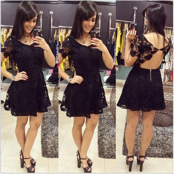 New Stylish Lady Woomen's Fashion Backless Short Sleeve O-neck Sexy Lace Dress