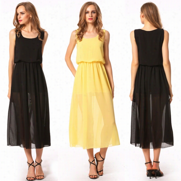 New Stylish Lady Women's Fashion Sleeveless Elastic Waist O-neck Chiffon Sexy Full Lengthd Ress