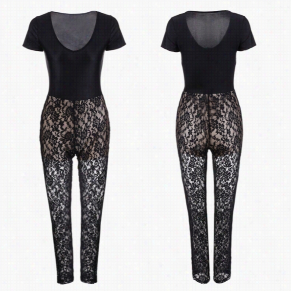 New Stylish Lady Woemn'$ Sexy Deep V Neck Short Ssleeve Lace Pacthworkk Hollow Lacking Jumpsuit