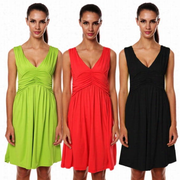 Nve Stylish Lady Women's V-neck Sleeveless Evening Party  Gown Pleated Dess