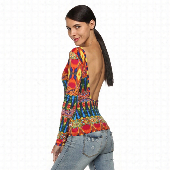 New Stylish Zeagoo Women Casual Long Sleeve Round Neck Backless Floral  T-shirt Tops