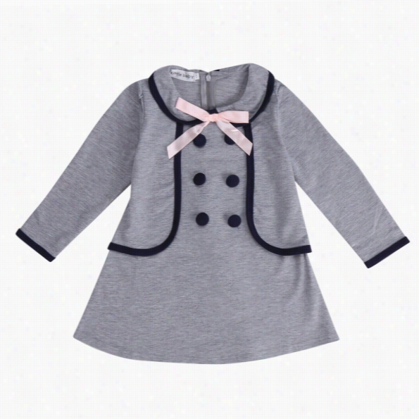 New Sweet Girl's Long Sleeve  O-neck Bow A-line Casual Party Dress