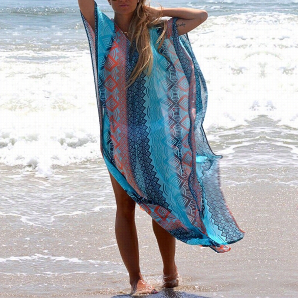 New Women Fashionchiffon V-neck Beach Bikini Cover Up Print Dress