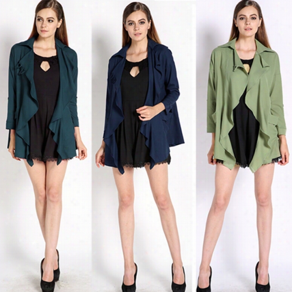 New Women Plus Size Long Sleeve Turn Collar Loose Trench Jacket Cardigan Outwears