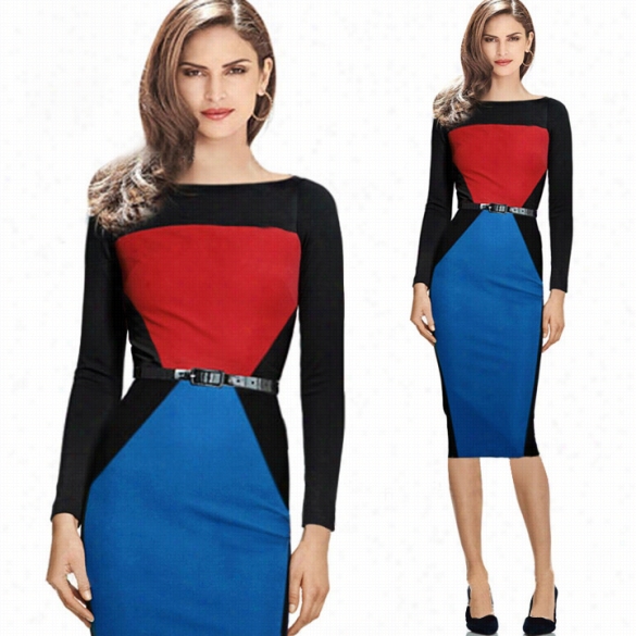 New Women's Stylish Ol Long Sleeve O-necck Knee -length Lng Dress With Belt