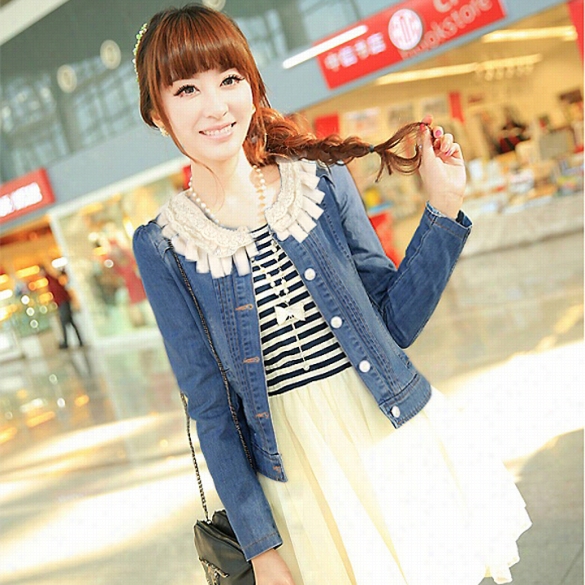 New Women's Top Vintage Long Sleeve Lace Collar Denim Coat Jacket 2 Colors