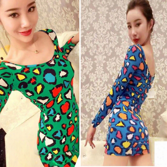 N Ovetly Boddycon Dress O-neck Long Sleeve Stretch Colorful Leopard Print