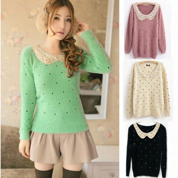 Retro Sweet Paillett Doll Collar Dots Pullover Sweater Layer Knitting Wear Top 7 Colors