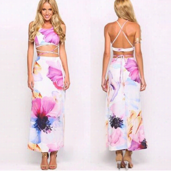 Sexy Ladies Women Two Piecces Bandage Backless Print Elastic Wais T Rop Top And Casua Llong Skirt