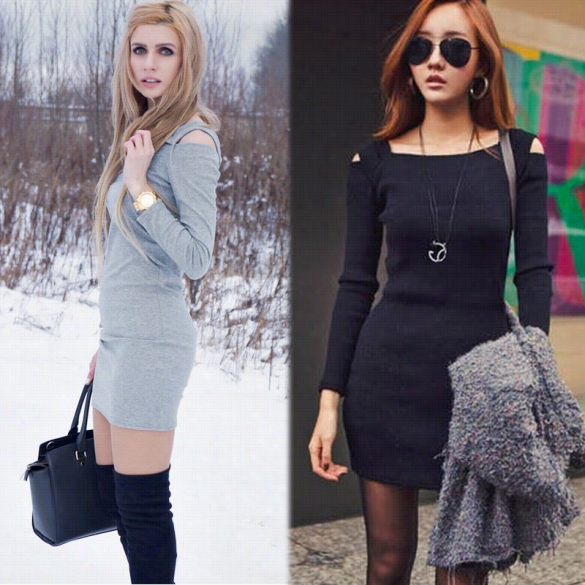 Sexy Women Square Neck Long Sleeve Off Shoulder Mini Bodycon Dress