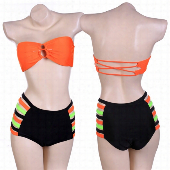 Sexy Women Strapless Pad Bandage Hollow Out High Waist Bikini Set Siwmwear Swimsuit