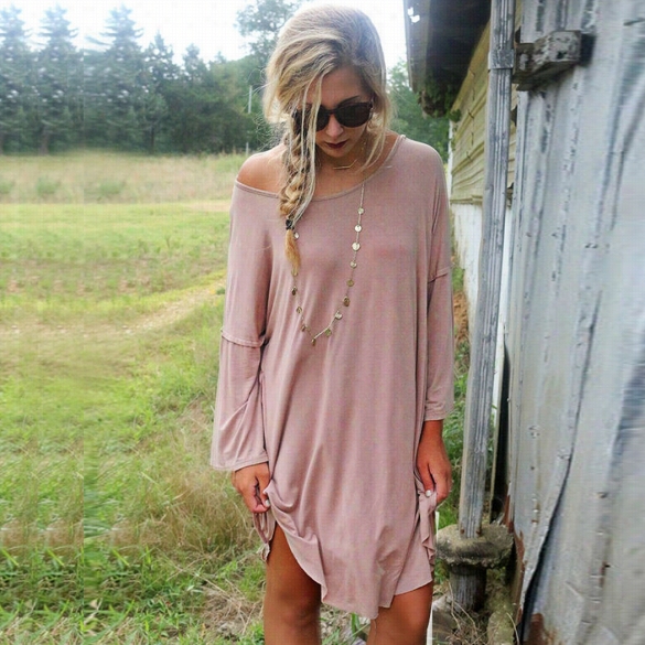 Stylish Ladies S Exy Women Long Sleeve O Ne Ck Solid Casual Mini Straight Loose Sshift Dress