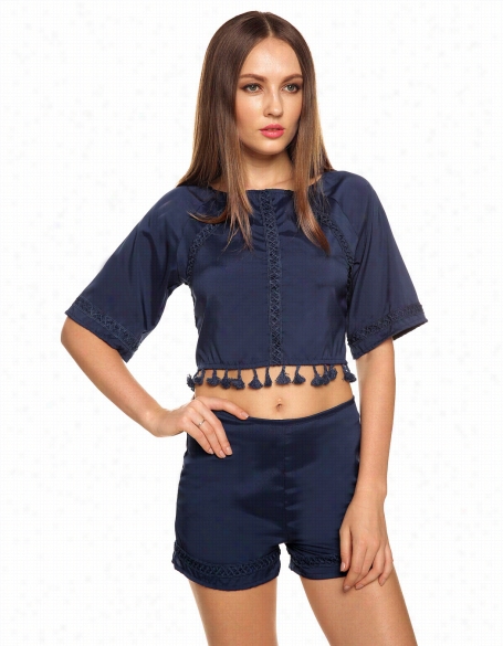 Stylish Ladies Women Casual O-neck Medium Sleeve Tassels Backless Crop Tops And Shorts Outfit Set