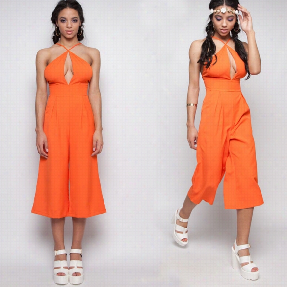 Fashionable Ladiess Women Sexy Great V Neck Spaghetti Strap Solid Loose Jumpsuit