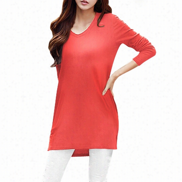 Stylish Ladeis Womenn V-neck Long Sleeve Solidirregular Top Blouse Ccasual Long Split Hem T-shirt