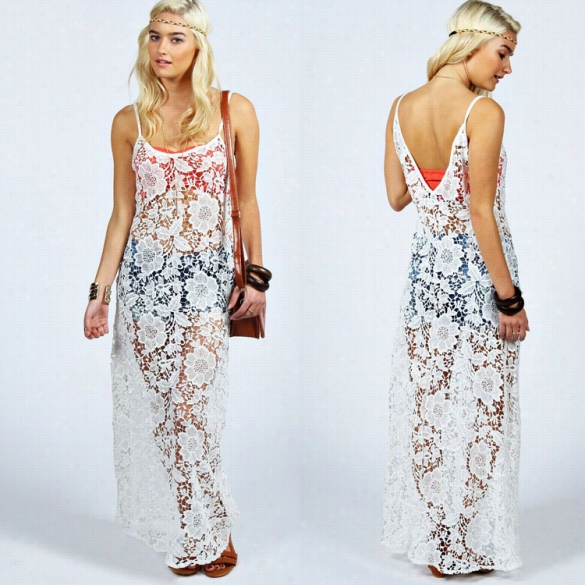 Stylish Lady Sexy Women Sstrap U-neck Full Length Beach Lace Tight Floral Dress Cover-ups White