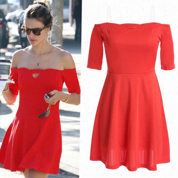 Stylish Lady Women Sexy Off-shoulder Slash Neck Transparent Strap Short Sleeve Club Party Red Mini Dress