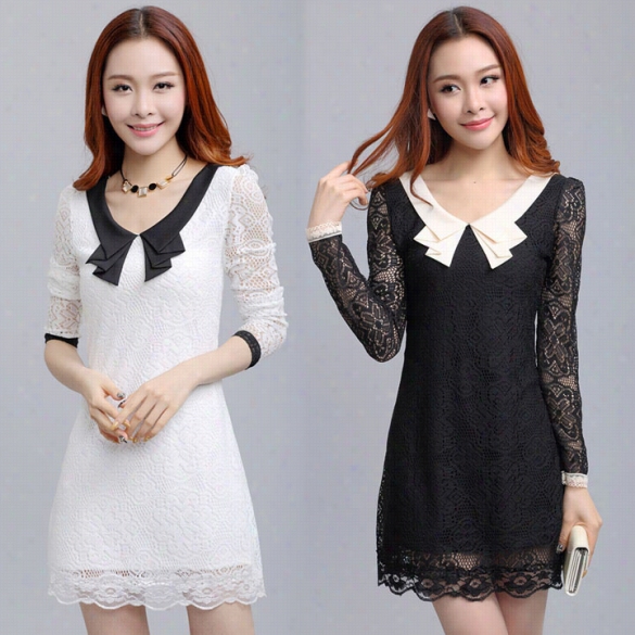 Styilsh Laady Women Sweet Peter Pan Collar Long Sleeve Lace Hollow Out A-line Casual Pqrty Bottoming Dress