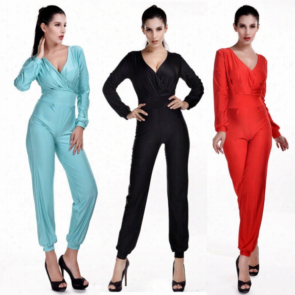 Stylish Lady Women's Casual Deep V-neck Long Sleeve Jumpsuit Long Romper