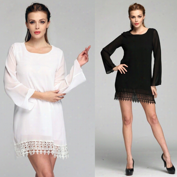 Stylish Lady Women's Casual Lo Ng Sleeve Oo-nsck Chiffon Loose Lace Dress Mini Dress