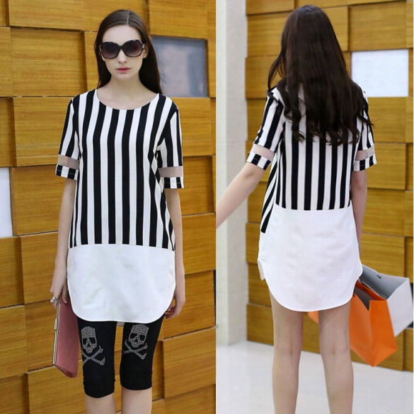 Stylish Lady Women's Fashion Chiffon Sh Ort Sleeve Casual Black And White Stripe Mini Straight Dress