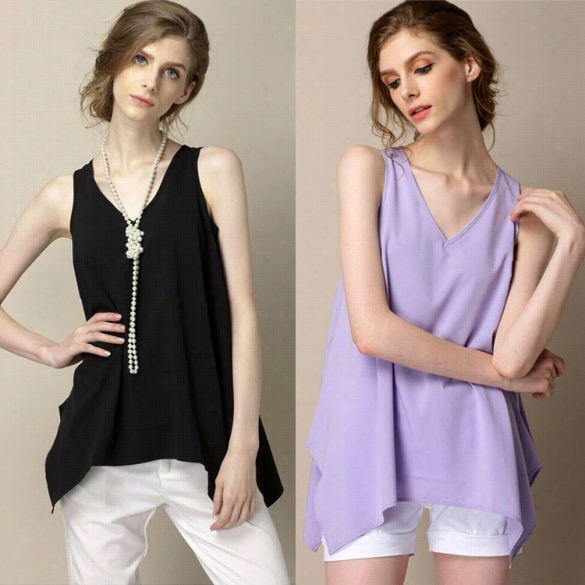 Stylissh Lady Women's Fashion Irr Egular Hem -vneck Sleeveless Loose Long Tank Chiffon Shirt