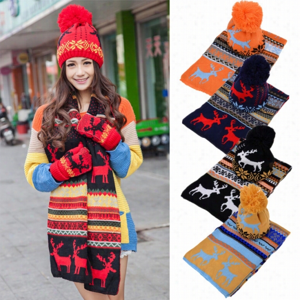 Stylish New Women's Ladiess Sweet Deer Pattern Winter Warm Thickening Knitted Olng Scarfs Hawl + Ski Hat Set