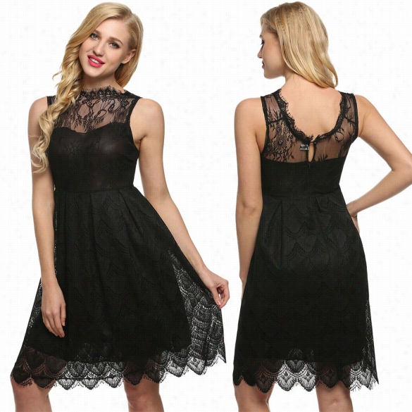 Stylish Round Neck Solid Hollow Out Floral Lace Dress Women A-line Pleated Tutu Bubble Dress