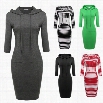 ANGVNS Women Ladies Hooded 3"4 Sleeve Pure Color Stretch Bodycon Slim Casual Knee Length Dress