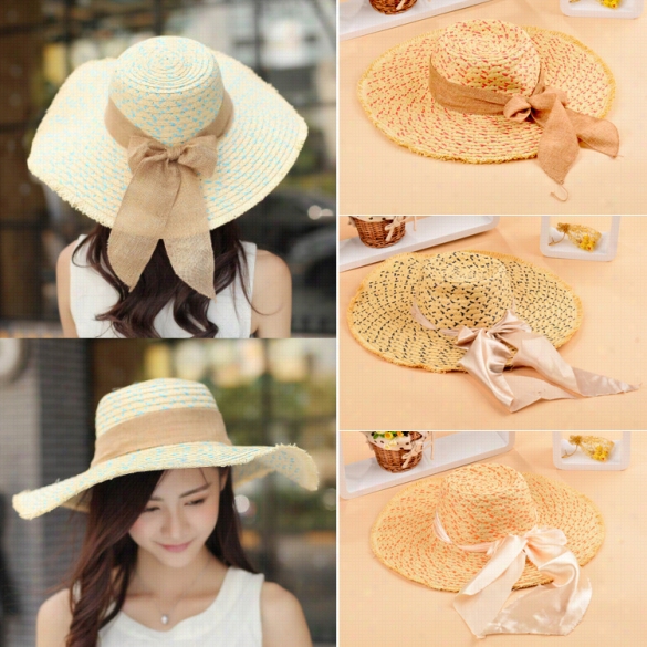 Women Bowknot Hat Wide Large Brim Girl Su Mmer Beach Sun Straw Weave Casual Sun Hat