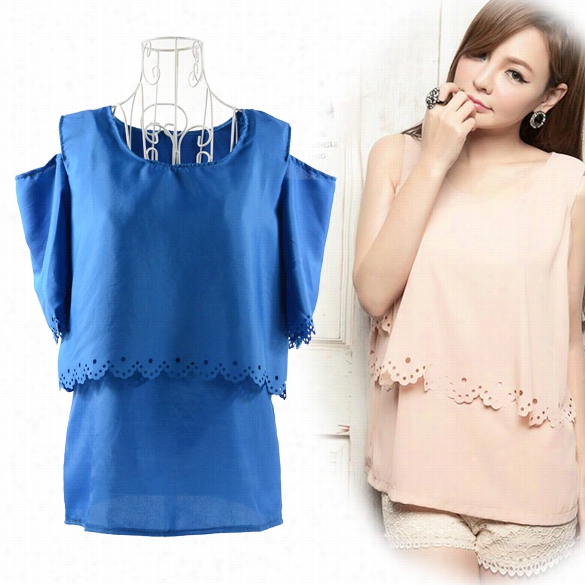 Women Chiffonn Short Sleeve Untrue Two Piece Tops Blouse Shirt 2colors