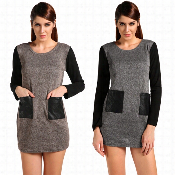 Wmoen Ceew Neck Patchwork Sweater Mini Dress Fall Winter Olng  Seleve Dress