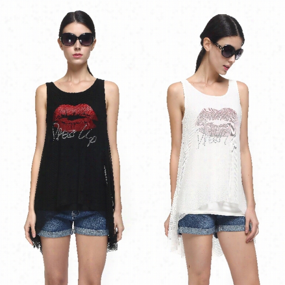 Women European And American Style Casual Round Neck Sleeveless Print Mesh Stitching Split Irregular Tank Tops